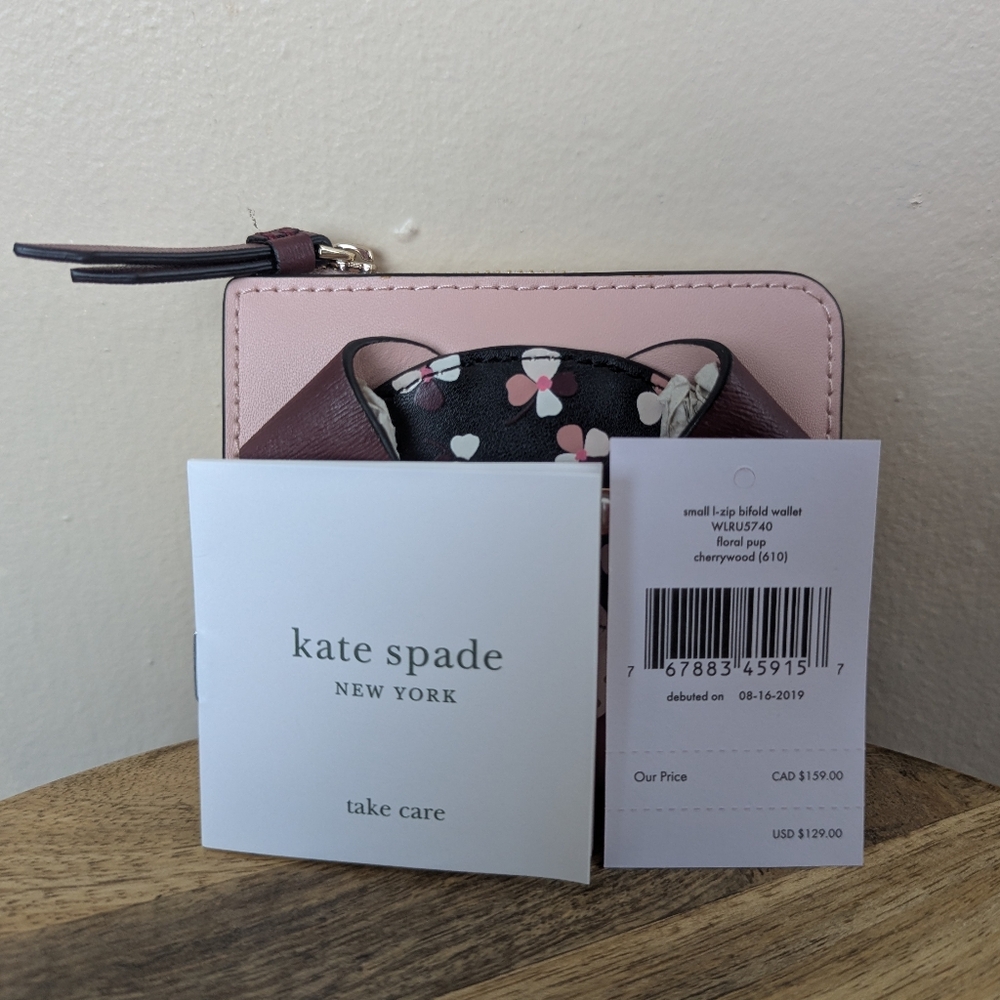 NWT! Kate Spade Small L-zip Bifold Wallet, Floral Pup, Cherrywood (ONE SIZE) - Picture 3 of 13